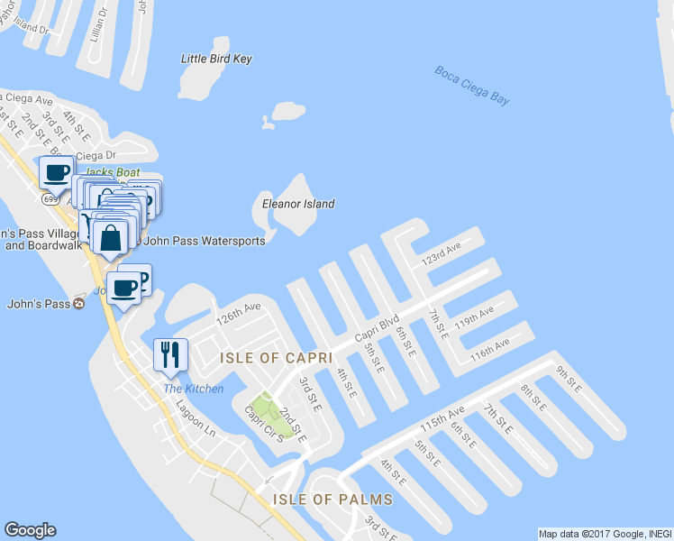 map of restaurants, bars, coffee shops, grocery stores, and more near 12525 5th Street East in Treasure Island