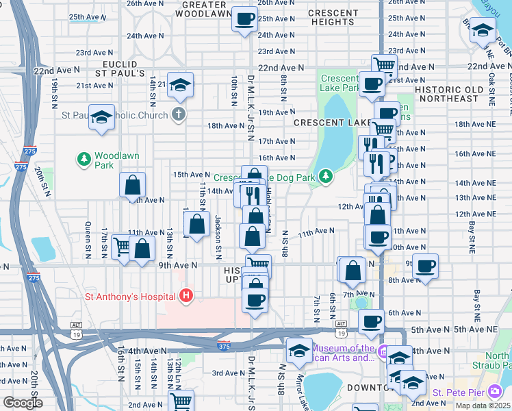 map of restaurants, bars, coffee shops, grocery stores, and more near 1250 Doctor Martin Luther King Junior Street North in St. Petersburg