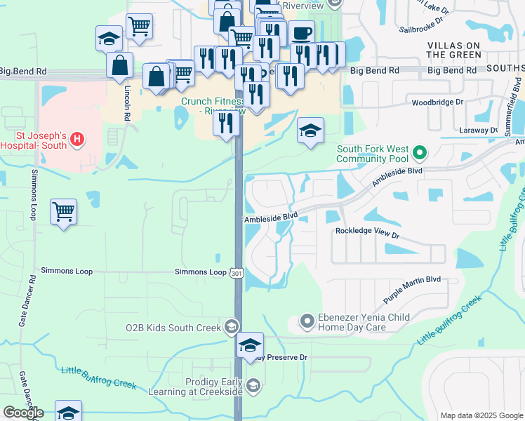 map of restaurants, bars, coffee shops, grocery stores, and more near 10549 Opus Drive in Riverview