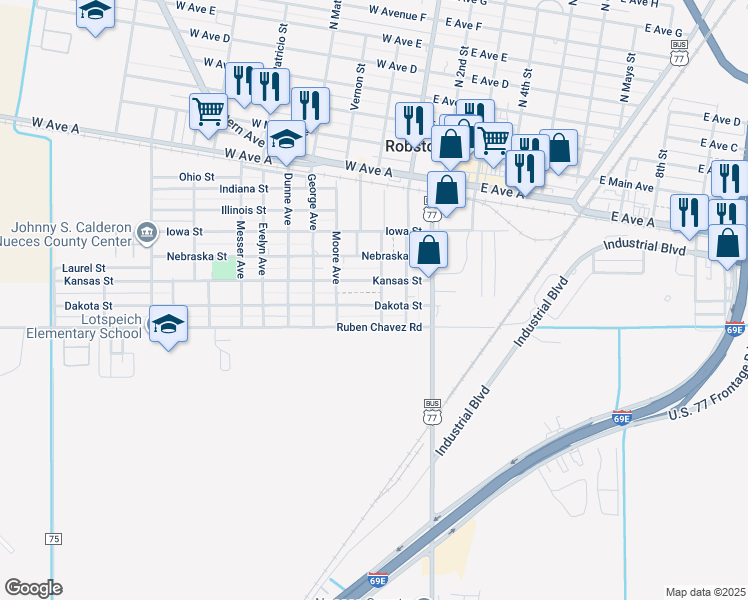 map of restaurants, bars, coffee shops, grocery stores, and more near 303 Dakota Street in Robstown