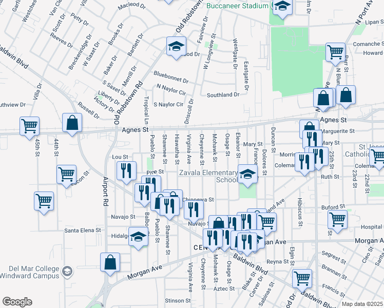 map of restaurants, bars, coffee shops, grocery stores, and more near 202 Virginia Avenue in Corpus Christi