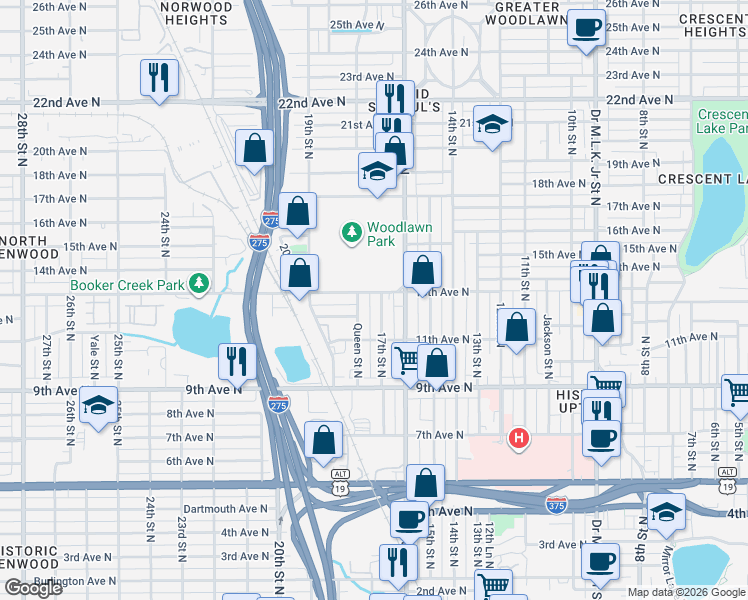 map of restaurants, bars, coffee shops, grocery stores, and more near 1234 17th Street North in St. Petersburg
