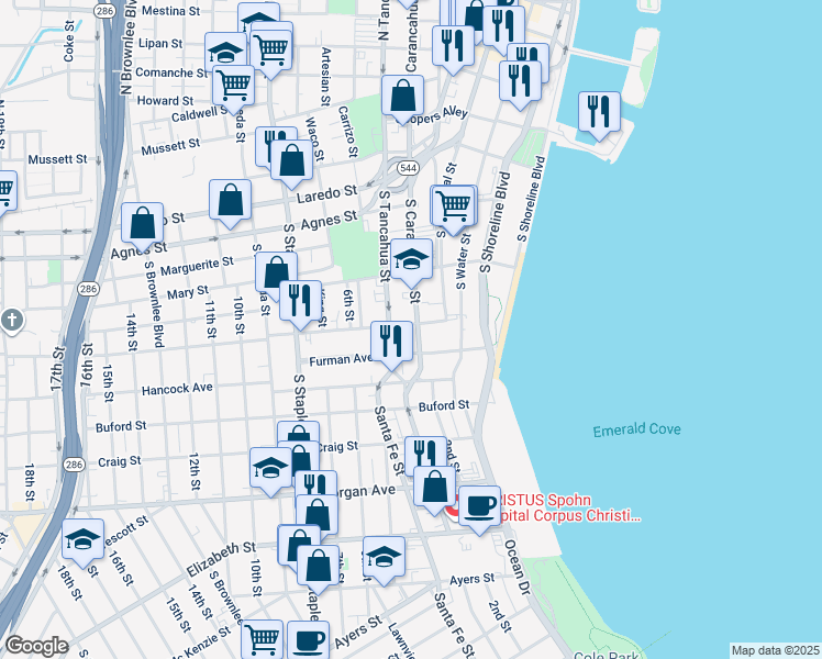 map of restaurants, bars, coffee shops, grocery stores, and more near 715 Coleman Avenue in Corpus Christi