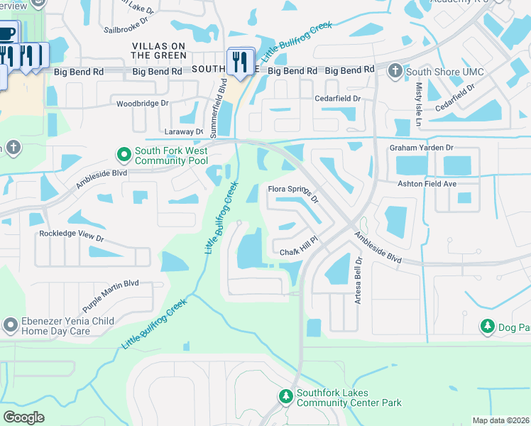 map of restaurants, bars, coffee shops, grocery stores, and more near 11401 Flora Springs Drive in Riverview