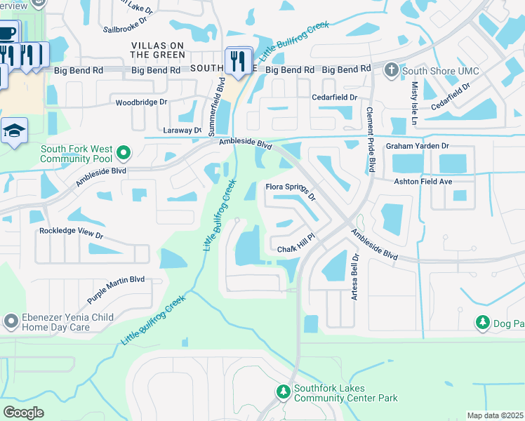 map of restaurants, bars, coffee shops, grocery stores, and more near 11401 Flora Springs Drive in Riverview