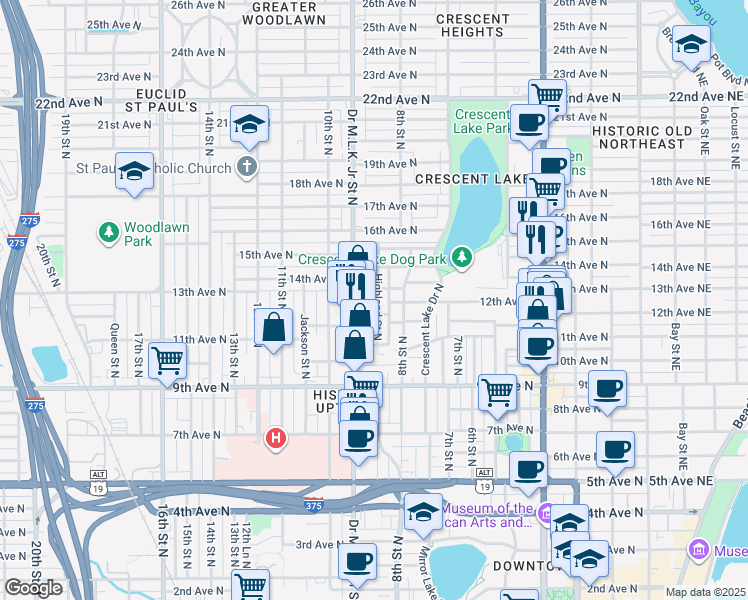 map of restaurants, bars, coffee shops, grocery stores, and more near 1231 Highland Street North in St. Petersburg