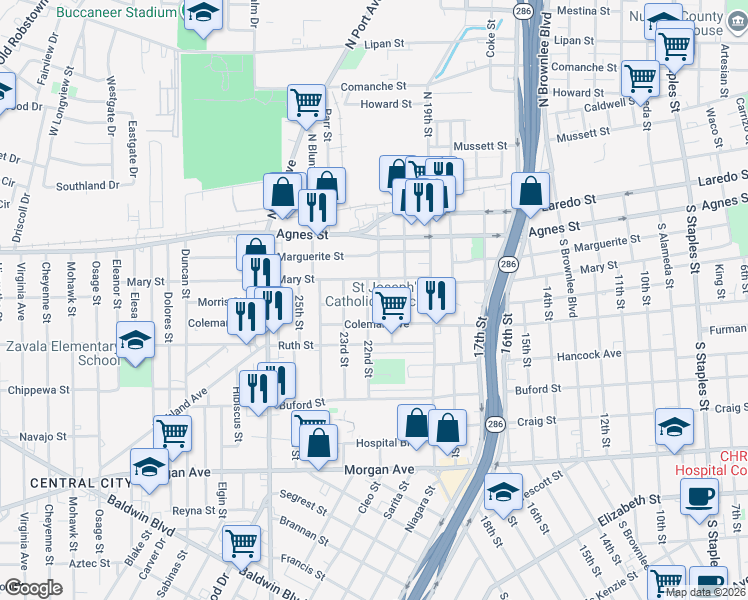 map of restaurants, bars, coffee shops, grocery stores, and more near 2418 Morris St in Corpus Christi