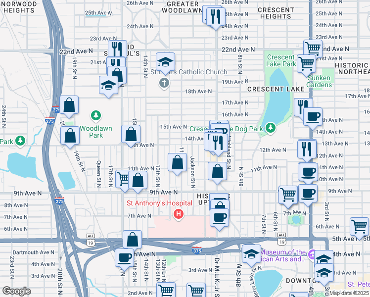 map of restaurants, bars, coffee shops, grocery stores, and more near 1224 11th Street North in St. Petersburg