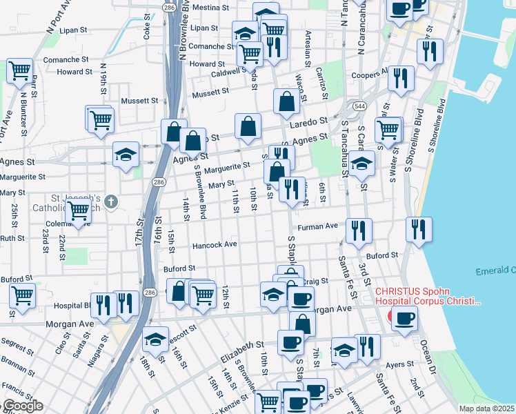 map of restaurants, bars, coffee shops, grocery stores, and more near 718 10th Street in Corpus Christi