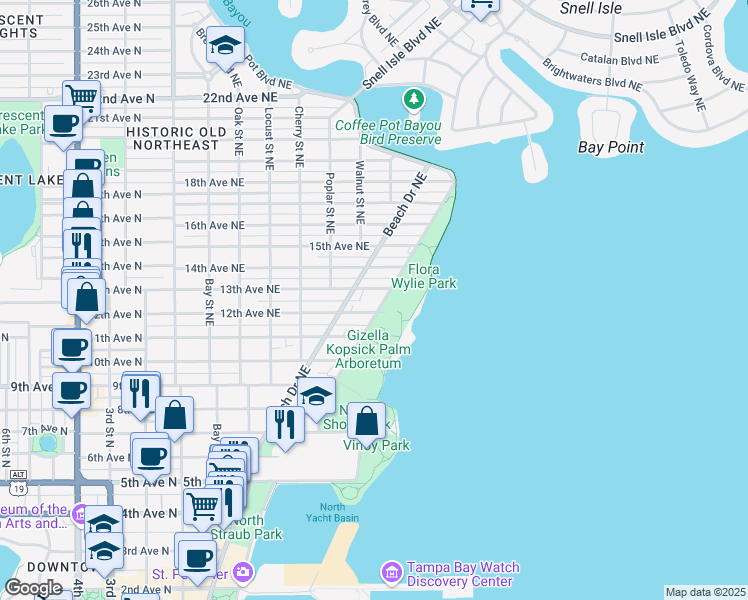 map of restaurants, bars, coffee shops, grocery stores, and more near 736 13th Avenue Northeast in St. Petersburg