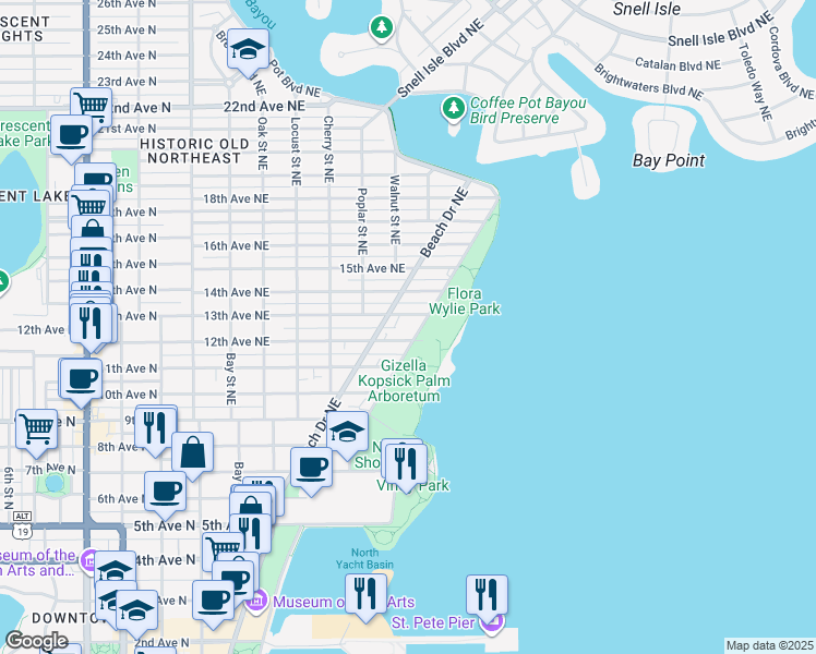 map of restaurants, bars, coffee shops, grocery stores, and more near 736 13th Avenue Northeast in St. Petersburg
