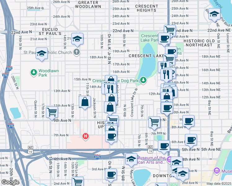map of restaurants, bars, coffee shops, grocery stores, and more near 1231 Highland Street North in St. Petersburg