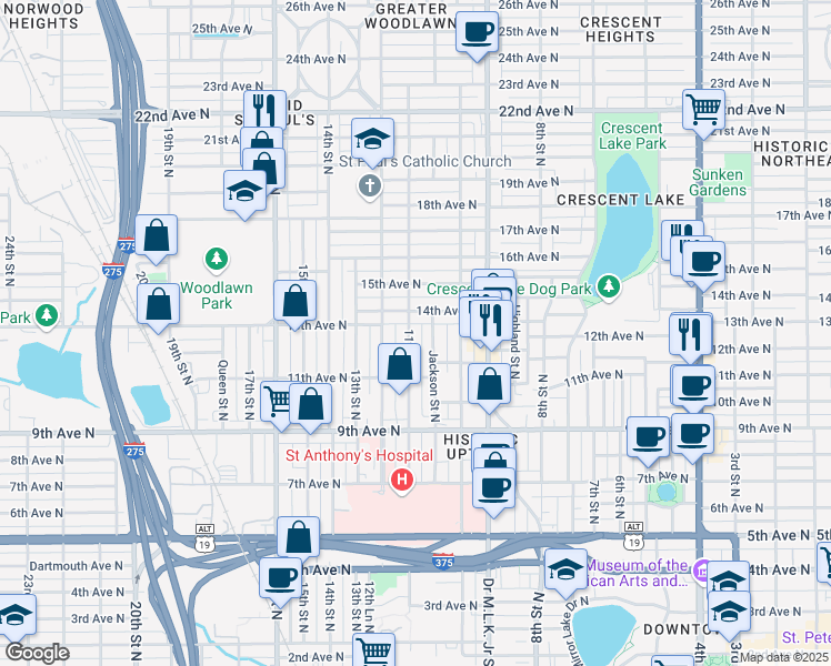 map of restaurants, bars, coffee shops, grocery stores, and more near 1224 11th Street North in St. Petersburg