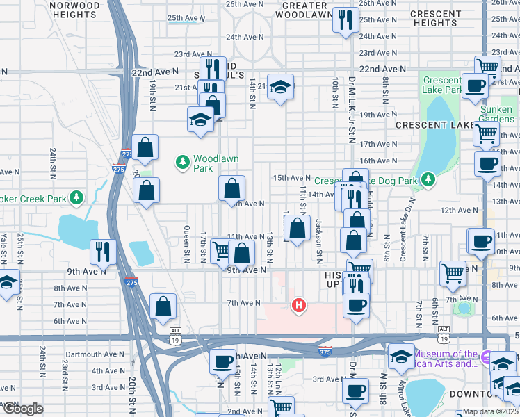 map of restaurants, bars, coffee shops, grocery stores, and more near 1246 14th Street North in St. Petersburg