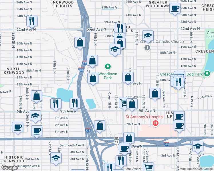 map of restaurants, bars, coffee shops, grocery stores, and more near 1750 13th Avenue North in St. Petersburg