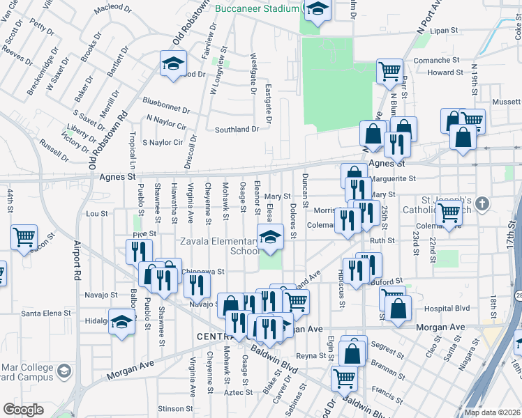 map of restaurants, bars, coffee shops, grocery stores, and more near 617 Elesa Street in Corpus Christi