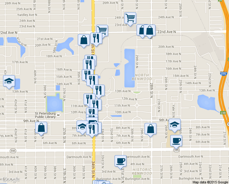 map of restaurants, bars, coffee shops, grocery stores, and more near 3152 13th Ave N in St Petersburg