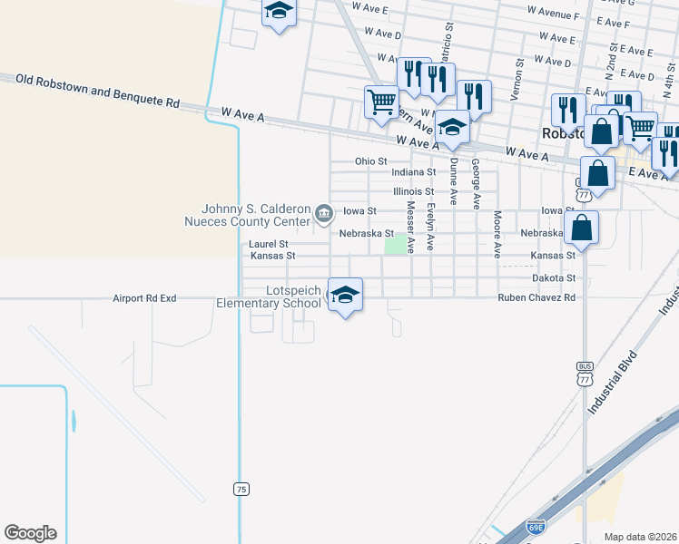 map of restaurants, bars, coffee shops, grocery stores, and more near 1111 Dakota Street in Robstown