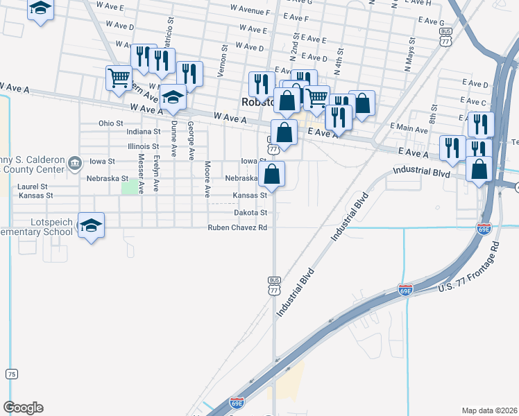 map of restaurants, bars, coffee shops, grocery stores, and more near 708 Washington Avenue in Robstown