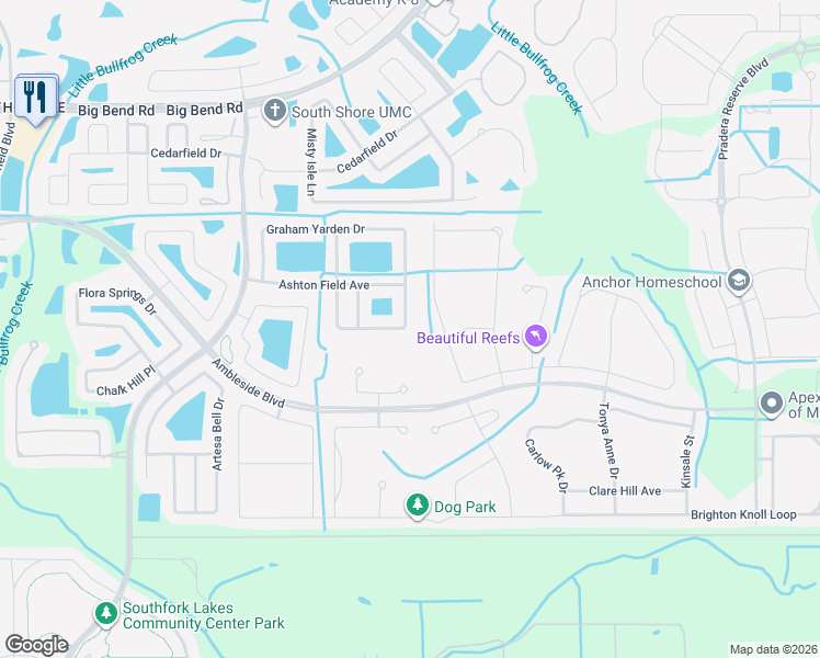 map of restaurants, bars, coffee shops, grocery stores, and more near 13241 Graham Yarden Drive in Riverview