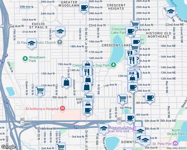 map of restaurants, bars, coffee shops, grocery stores, and more near 1231 Highland Street North in St. Petersburg
