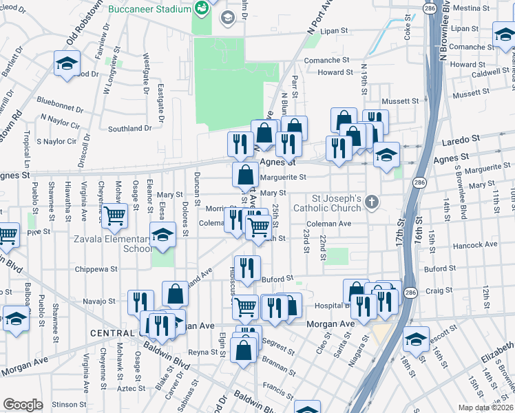 map of restaurants, bars, coffee shops, grocery stores, and more near 700 South Port Avenue in Corpus Christi