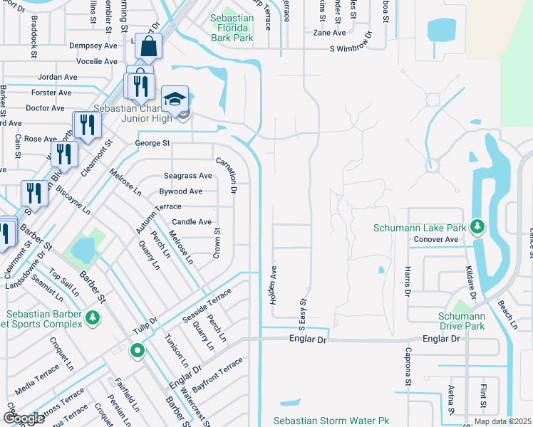 map of restaurants, bars, coffee shops, grocery stores, and more near 744 Holden Avenue in Sebastian