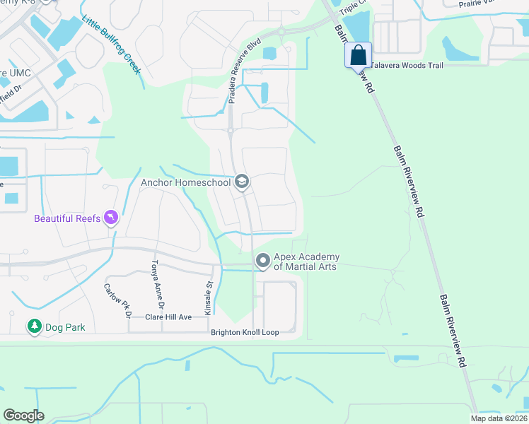 map of restaurants, bars, coffee shops, grocery stores, and more near 13623 Willow Bluestar Loop in Riverview