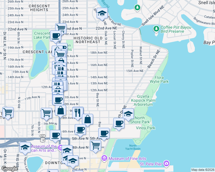 map of restaurants, bars, coffee shops, grocery stores, and more near 238 13th Avenue Northeast in St. Petersburg