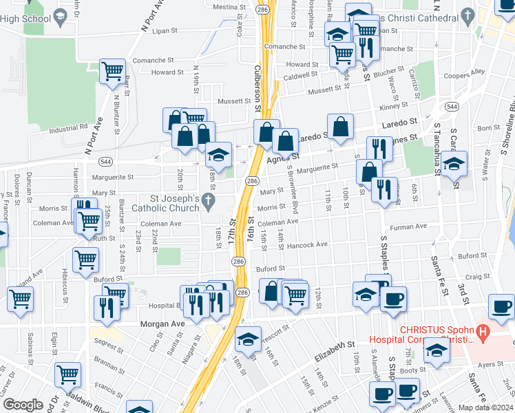 map of restaurants, bars, coffee shops, grocery stores, and more near 1800 Morris Street in Corpus Christi