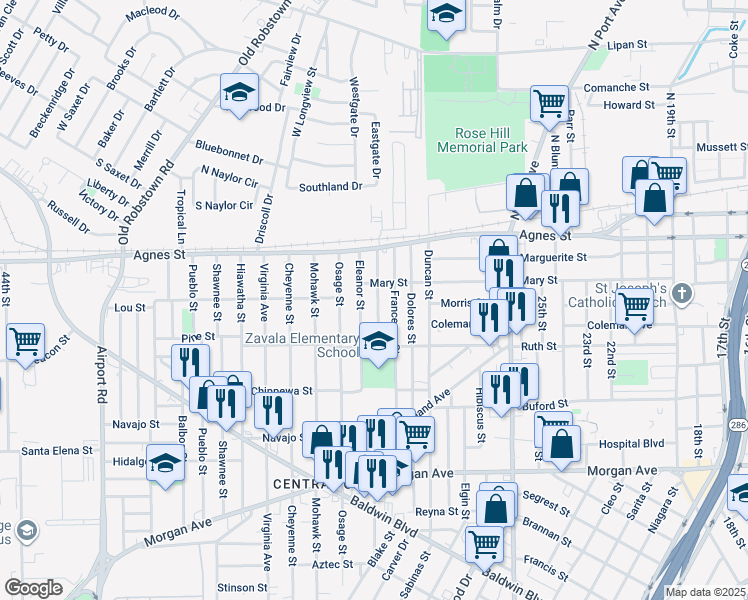 map of restaurants, bars, coffee shops, grocery stores, and more near 617 Elesa Street in Corpus Christi