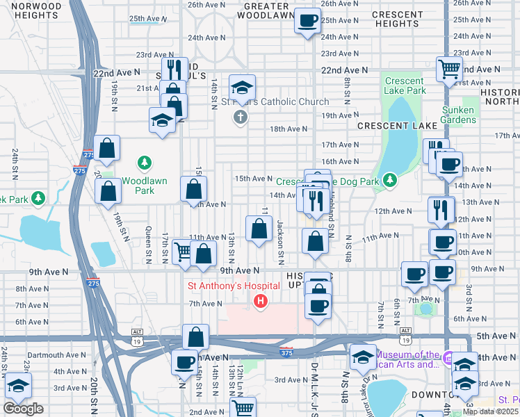 map of restaurants, bars, coffee shops, grocery stores, and more near 1224 11th Street North in St. Petersburg