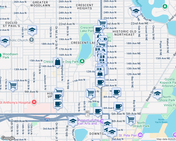 map of restaurants, bars, coffee shops, grocery stores, and more near 521 12th Avenue North in St. Petersburg