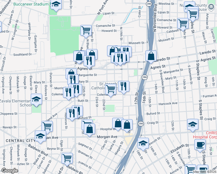 map of restaurants, bars, coffee shops, grocery stores, and more near 2418 Morris Street in Corpus Christi