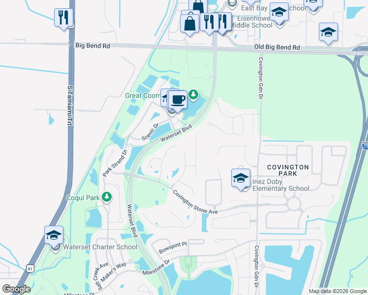 map of restaurants, bars, coffee shops, grocery stores, and more near 6818 Gulford Crest Drive in Apollo Beach