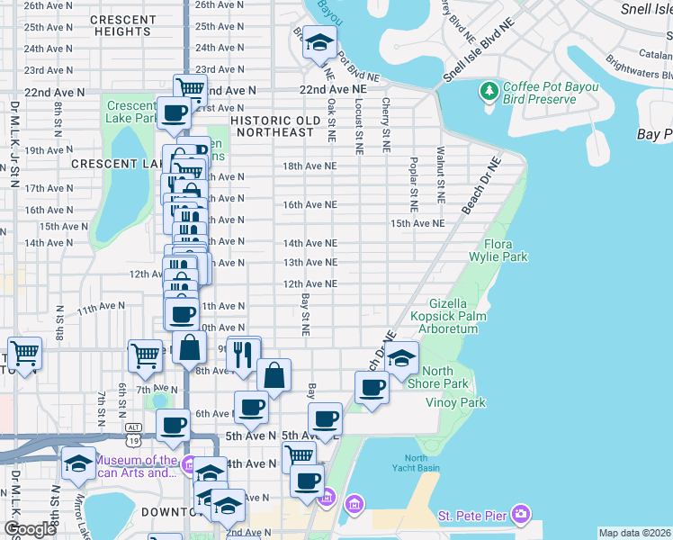 map of restaurants, bars, coffee shops, grocery stores, and more near 238 13th Avenue Northeast in St. Petersburg