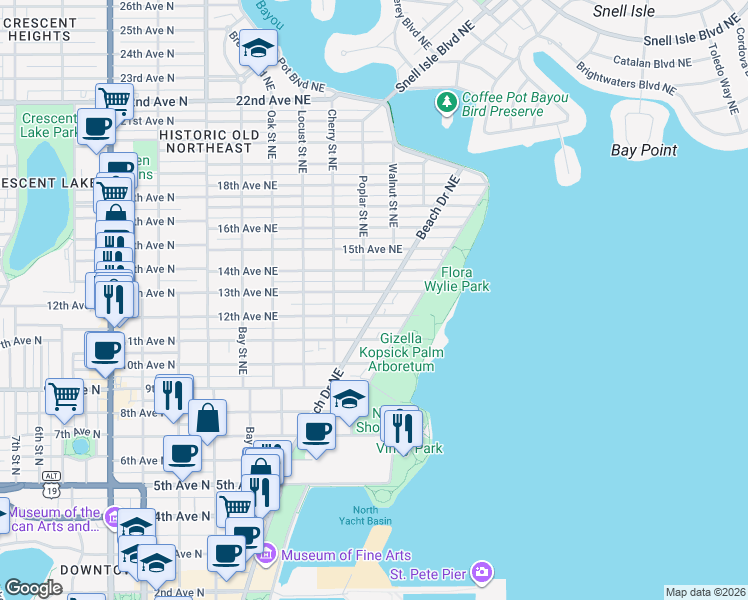 map of restaurants, bars, coffee shops, grocery stores, and more near 576 13th Avenue Northeast in St. Petersburg