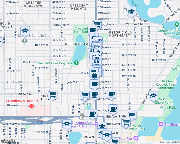 map of restaurants, bars, coffee shops, grocery stores, and more near 445 12th Avenue North in St. Petersburg