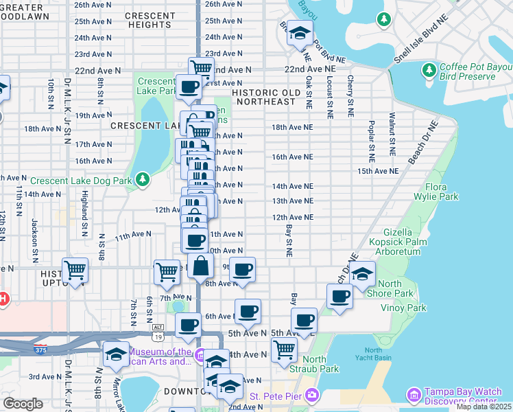 map of restaurants, bars, coffee shops, grocery stores, and more near 112 13th Avenue North in St. Petersburg