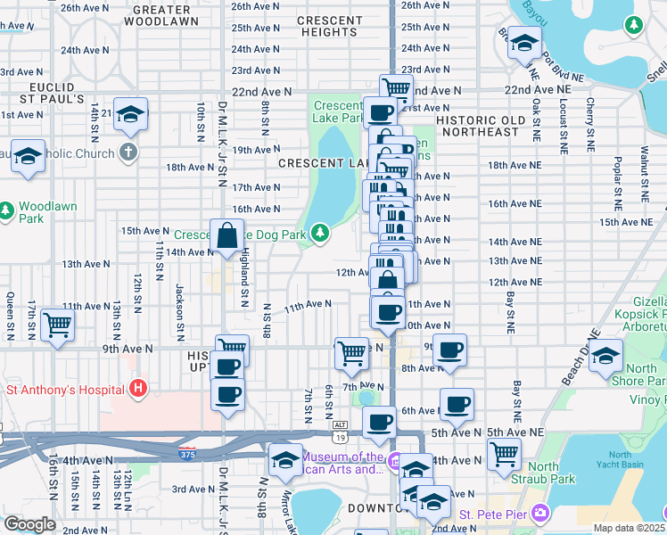 map of restaurants, bars, coffee shops, grocery stores, and more near 521 12th Avenue North in St. Petersburg