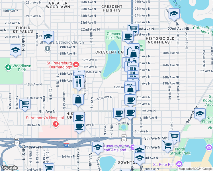map of restaurants, bars, coffee shops, grocery stores, and more near 645 12th Avenue North in St. Petersburg