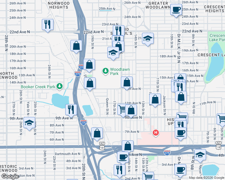 map of restaurants, bars, coffee shops, grocery stores, and more near 1234 17th Street North in St. Petersburg