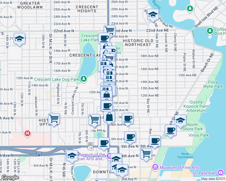 map of restaurants, bars, coffee shops, grocery stores, and more near 316 13th Avenue North in St. Petersburg