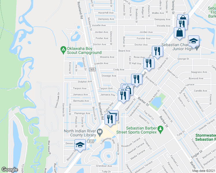 map of restaurants, bars, coffee shops, grocery stores, and more near 832 Tarpon Avenue in Sebastian