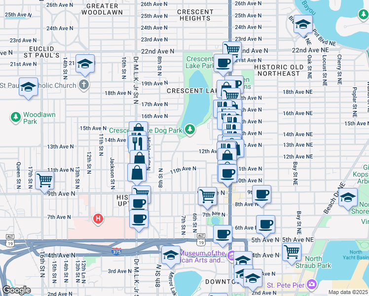 map of restaurants, bars, coffee shops, grocery stores, and more near 645 12th Avenue North in Saint Petersburg