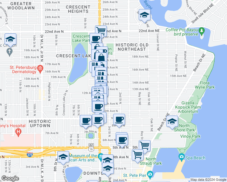 map of restaurants, bars, coffee shops, grocery stores, and more near 220 13th Avenue North in Saint Petersburg