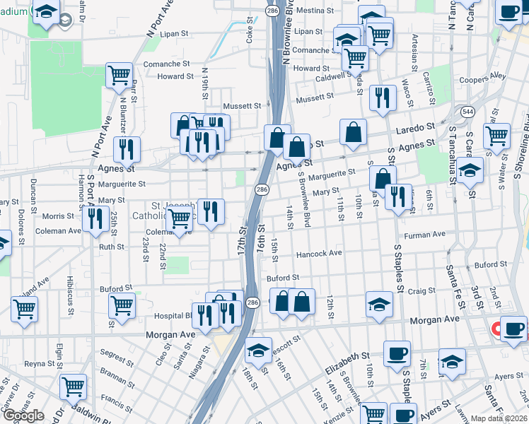 map of restaurants, bars, coffee shops, grocery stores, and more near 650 16th Street in Corpus Christi