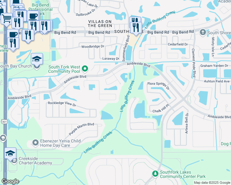 map of restaurants, bars, coffee shops, grocery stores, and more near 11155 Golden Silence Drive in Riverview