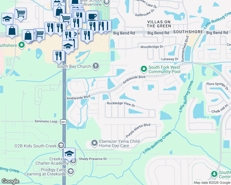 map of restaurants, bars, coffee shops, grocery stores, and more near 10806 Australian Pine Drive in Riverview