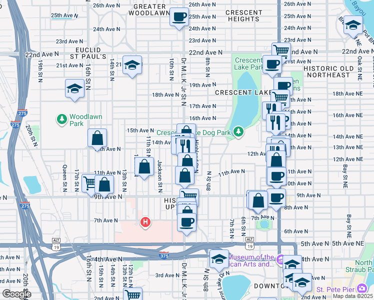map of restaurants, bars, coffee shops, grocery stores, and more near 1250 Doctor Martin Luther King Junior Street North in St. Petersburg